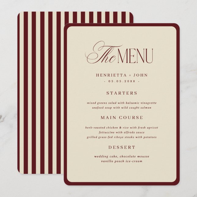 Carte de menu de mariage à bordure rayée ivoire et (Devant / Derrière)