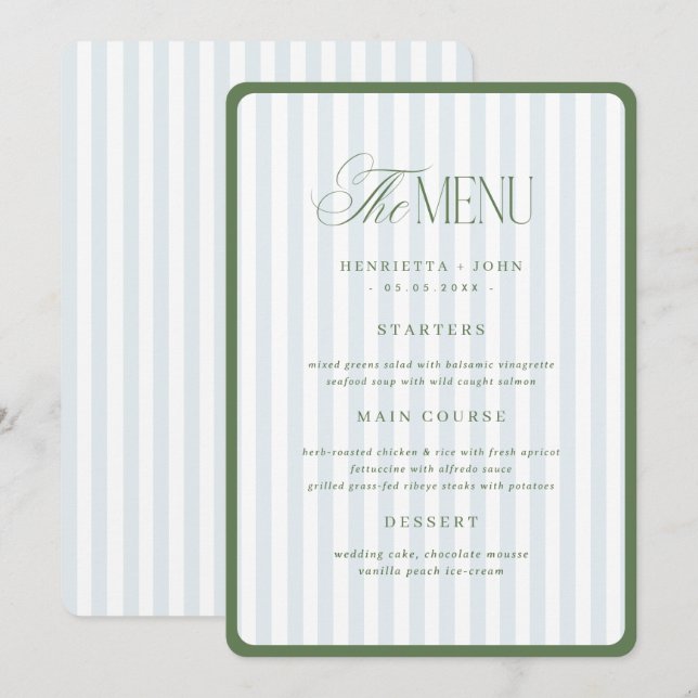 Carte de menu de mariage à bordure rayée verte et  (Devant / Derrière)