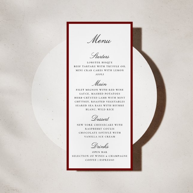 Carte de menu de mariage à bordure rouge foncé (Créateur téléchargé)
