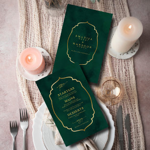 Carte de menu de mariage à cadre doré vert émeraud