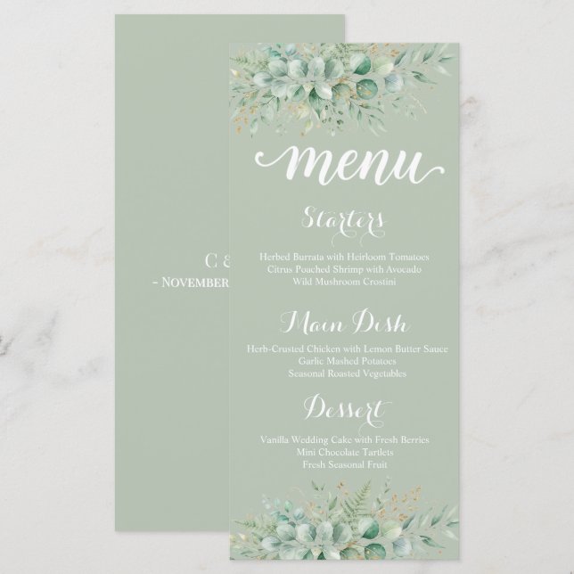 Carte de menu de mariage à feuillage d'eucalyptus  (Devant / Derrière)