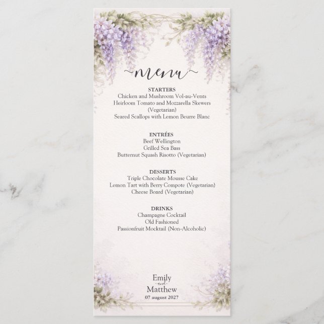 Carte de menu de mariage à la glycine Régence (Devant)
