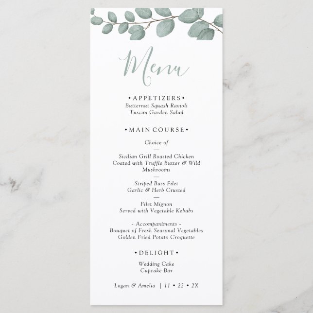 Carte de menu de mariage à la verdure d'eucalyptus (Devant)