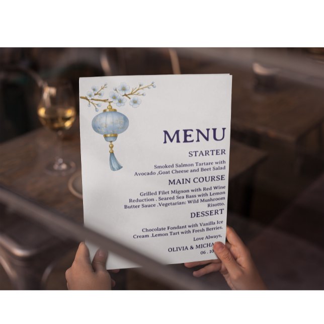Carte de menu de mariage à lanterne bleue japonais (Créateur téléchargé)