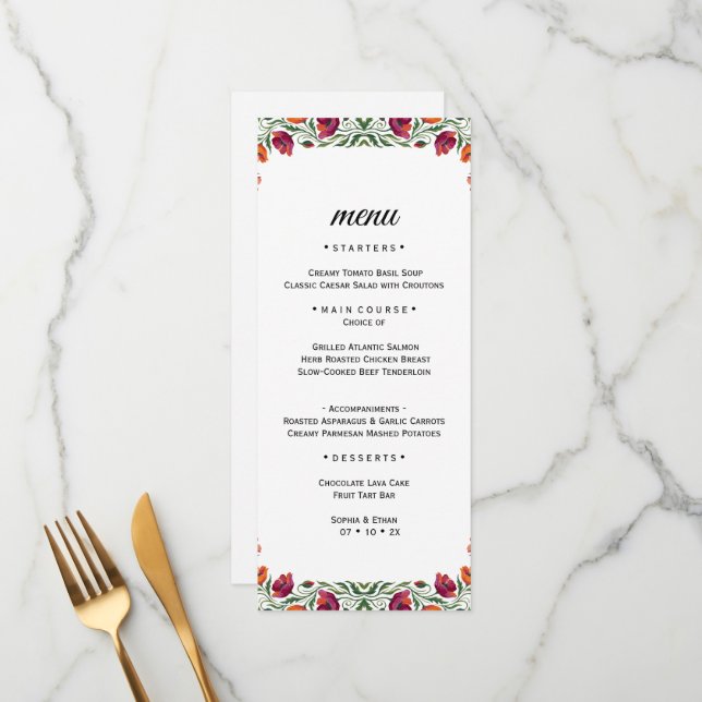 Carte de Menu de Mariage à l'Aquarelle Fleurie de  (Devant/Arrière en situation)