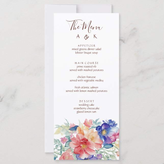Carte de menu de mariage à l'aquarelle florale en  (Devant)