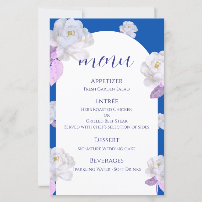Carte de Menu de Mariage à l'Arche Florale Bleue (Devant)