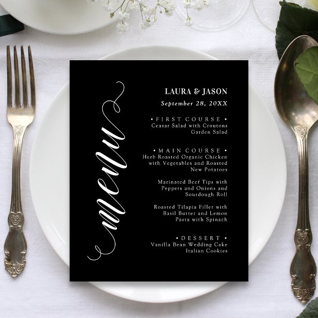 Carte de Menu de Mariage à l'Écriture Élégante et  (Stylish script wedding menu card adds elegant flair to each place setting.)