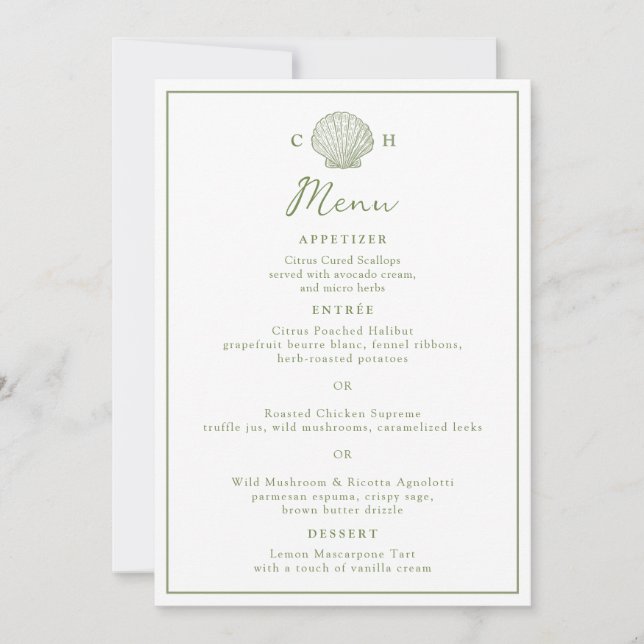 Carte de menu de mariage à monogramme coquillage v (Devant)