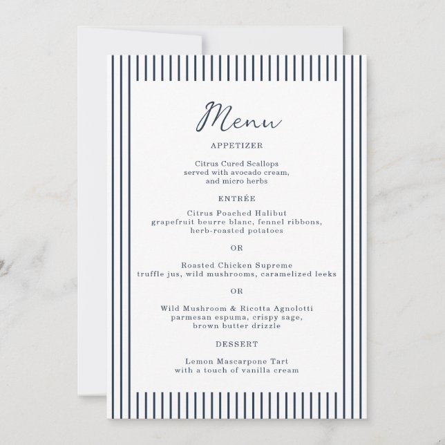 Carte de menu de mariage à monogramme et rayures n (Devant)