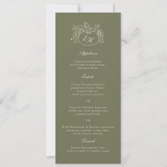 Carte de menu de mariage à monogramme Olive Sage (Devant)