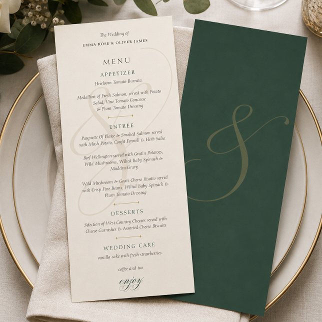 Carte de menu de mariage à monogramme or émeraude  (Elegant Emerald Gold Monogram Wedding Menus Card)