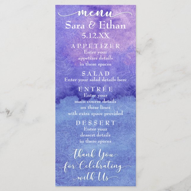 Carte de menu de mariage à motif mandala violet aq (Devant)