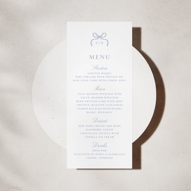Carte de menu de mariage à nœud bleu Monogram (Créateur téléchargé)
