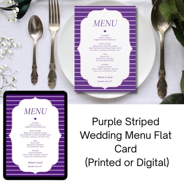 Carte de menu de mariage à rayures violettes à pla (Créateur téléchargé)
