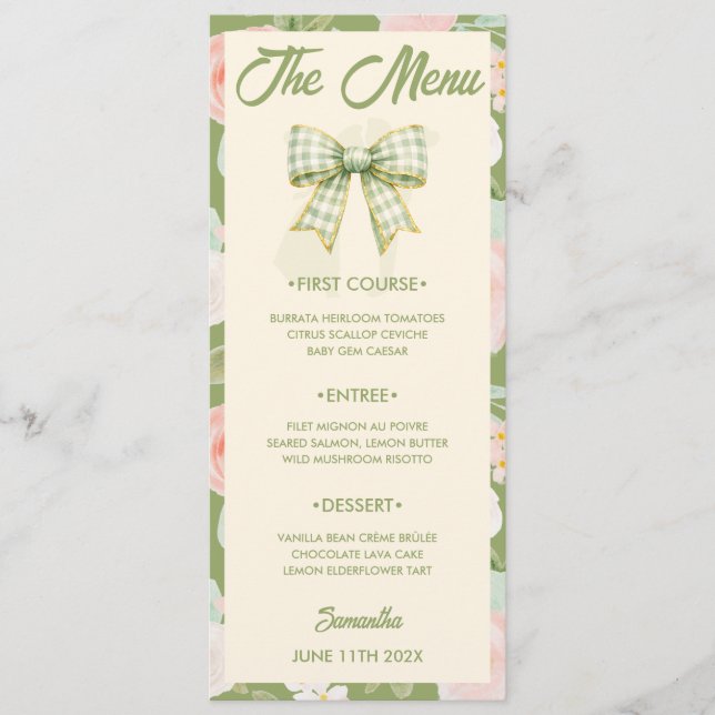 Carte de menu de mariage à ruban gingham vert Wild (Devant)