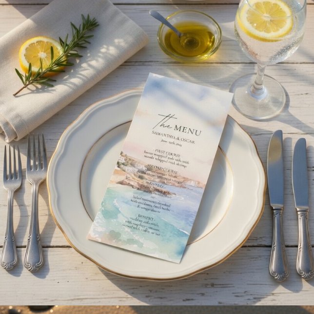 Carte de Menu de Mariage à Santorin | Plage Côtièr (Créateur téléchargé)