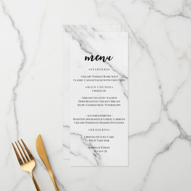 Carte de menu de mariage à texture de marbre blanc (Devant/Arrière en situation)