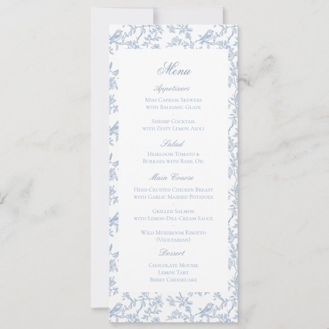 Carte de menu de mariage à toile florale et oiseau (Devant)