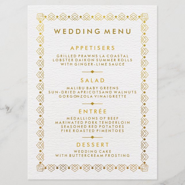 Carte de Menu de Mariage Art Déco Doré (Devant)