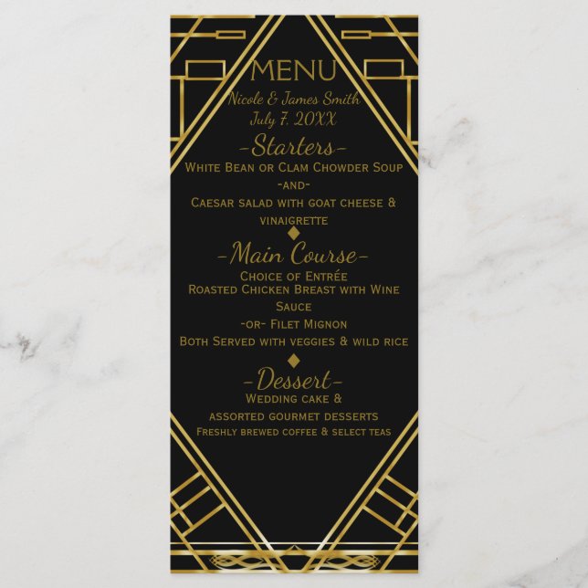 Carte de menu de mariage Art Déco or et noir Glamo (Devant)