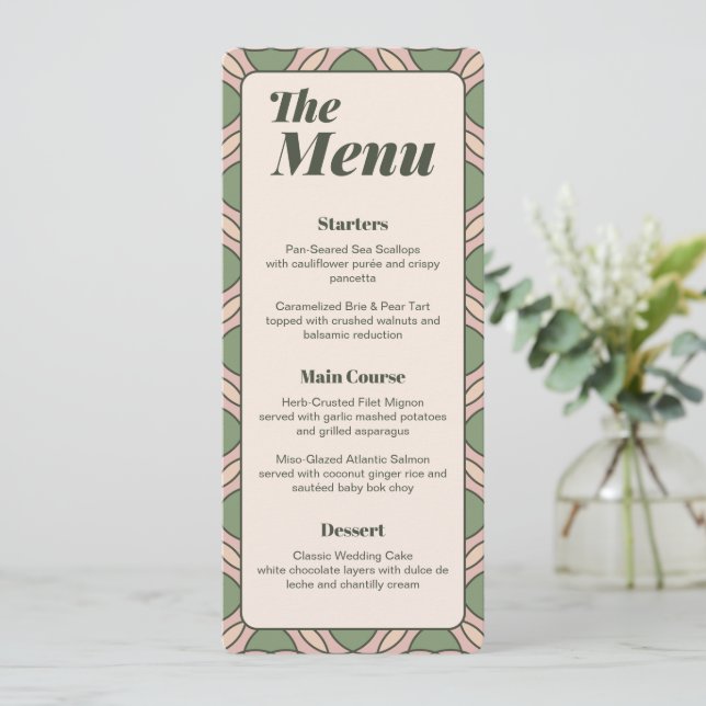 Carte de menu de mariage Art Déco vert sauge (Debout devant)