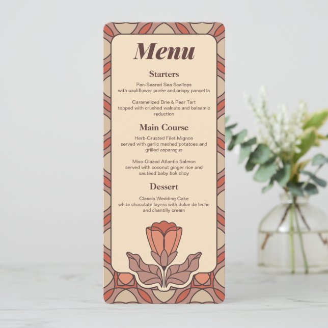 Carte de menu de mariage Art Nouveau rétro (Debout devant)