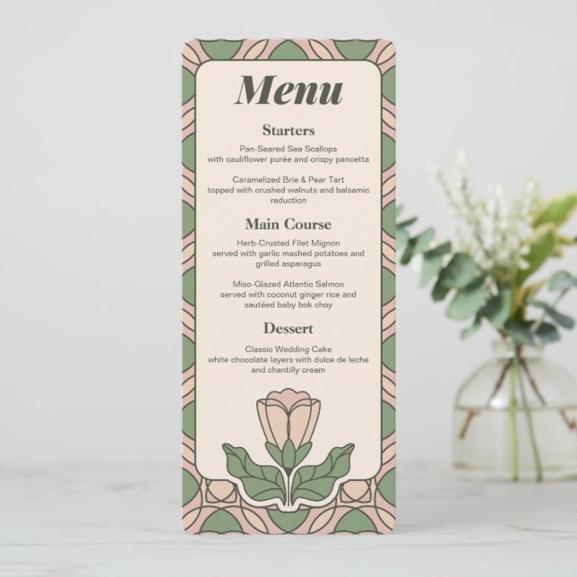 Carte de menu de mariage Art Nouveau vert sauge (Debout devant)