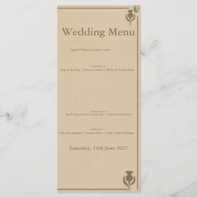 Carte de menu de mariage au chardon écossais | Élé (Devant)