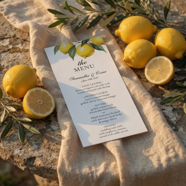 Carte de menu de mariage au citron à l'aquarelle | (Créateur téléchargé)