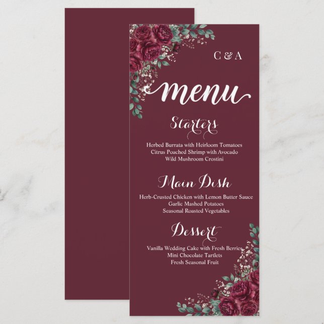 Carte de menu de mariage au eucalyptus et rose de  (Devant / Derrière)