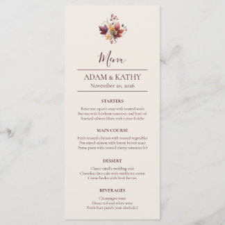 Carte de Menu de Mariage Automnal à Feuille d'Érab