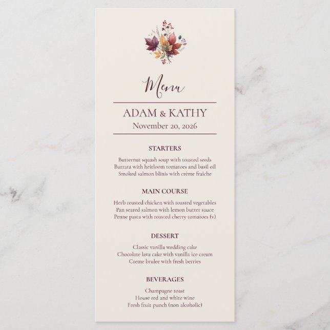 Carte de Menu de Mariage Automnal à Feuille d'Érab (Devant)