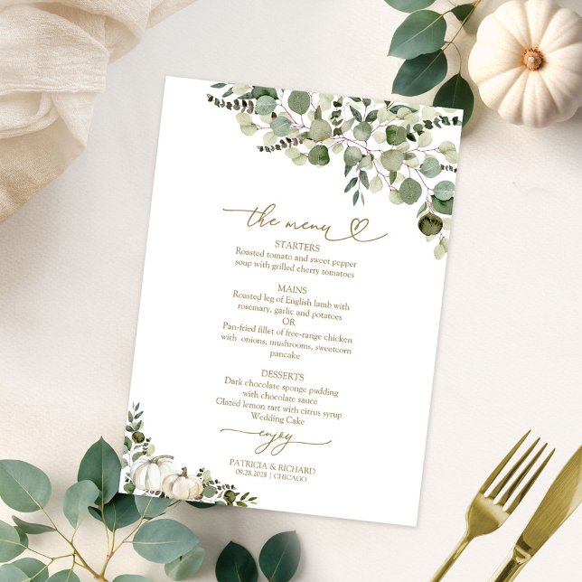 Carte de menu de mariage automnal avec verdure et  (Créateur téléchargé)