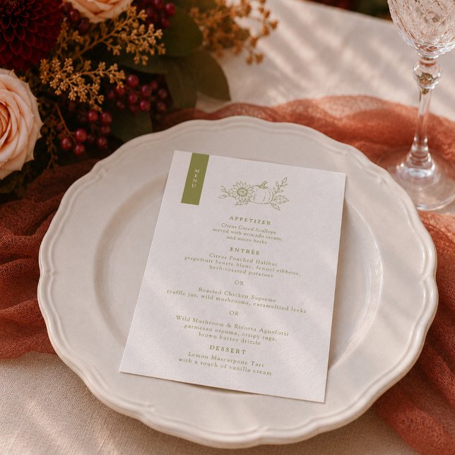 Carte de menu de mariage automnal citrouille vert  (Créateur téléchargé)