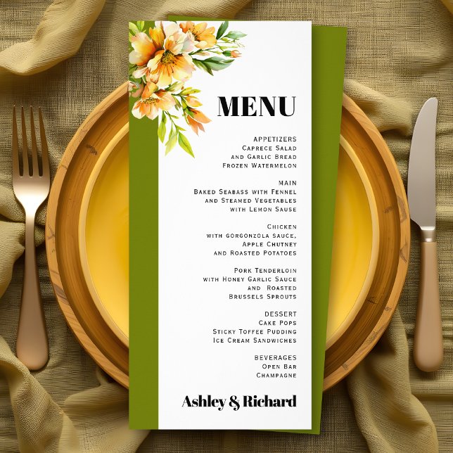 Carte de menu de mariage automnal orange jaune Rho (Créateur téléchargé)