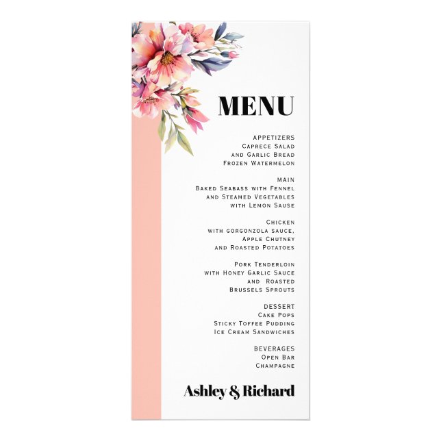 Carte de menu de mariage aux fleurs roses pêche de (Devant)