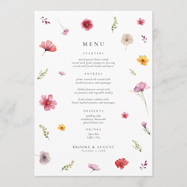 Carte de menu de mariage aux fleurs sauvages de pr (Devant)