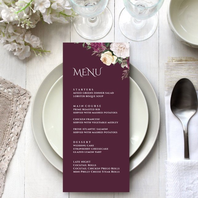 Carte de Menu de Mariage aux Pivoines Bourguignonn (Modern Burgundy Peonies Wedding Menu Card on a white wedding table.)