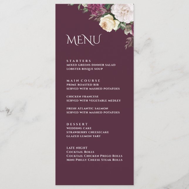Carte de Menu de Mariage aux Pivoines Bourguignonn (Devant)