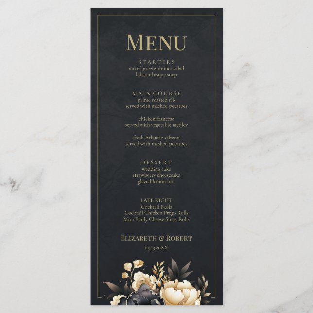 Carte de menu de mariage aux pivoines noir et or (Devant)