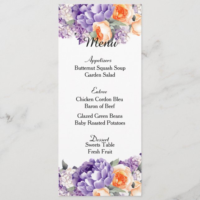 Carte de menu de mariage aux pivoines pêche mauve  (Devant)