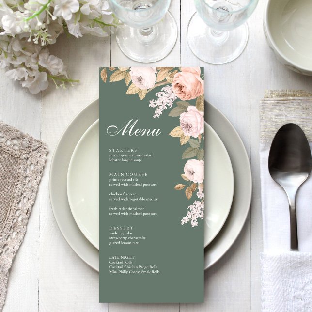 Carte de Menu de Mariage aux Pivoines Vert Sauge B (Boho Sage Green Peonies Wedding Menu Card on a boho white wedding dinner table.)