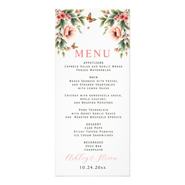 Carte de menu de mariage avec bordure florale et f (Devant)
