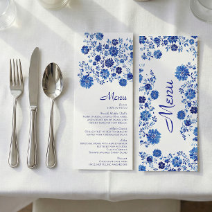 Carte de menu de mariage avec bouquet floral bleu