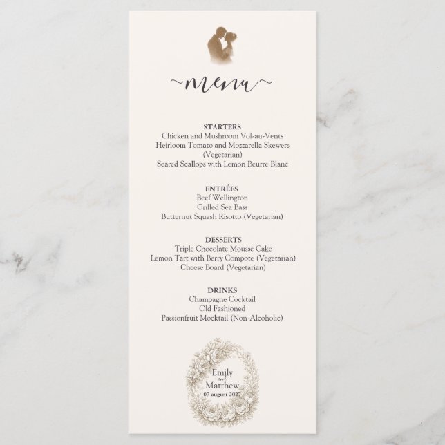 Carte de menu de mariage avec gravure botanique Ré (Devant)