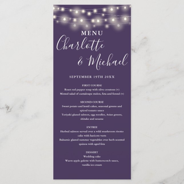 Carte de menu de mariage avec guirlandes violettes (Devant)