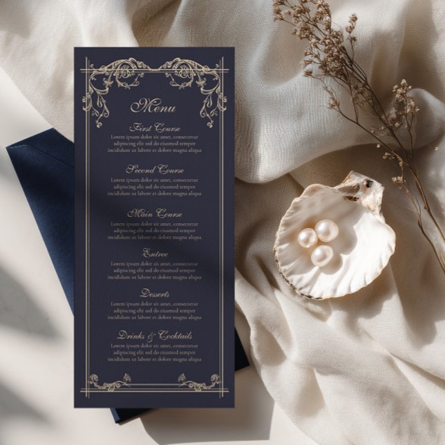 Carte de menu de mariage baroque bleu marine (Créateur téléchargé)