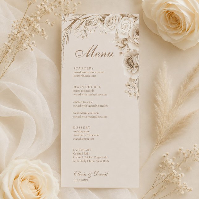 Carte de menu de mariage beige Roses d'Ivoire (Ivory Roses Beige Wedding Menu Card with beige and ivory flowers)