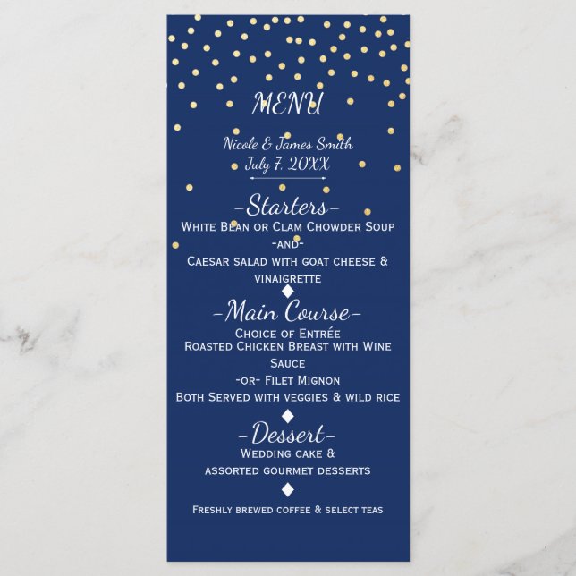 Carte de menu de mariage bleu et or avec confettis (Devant)